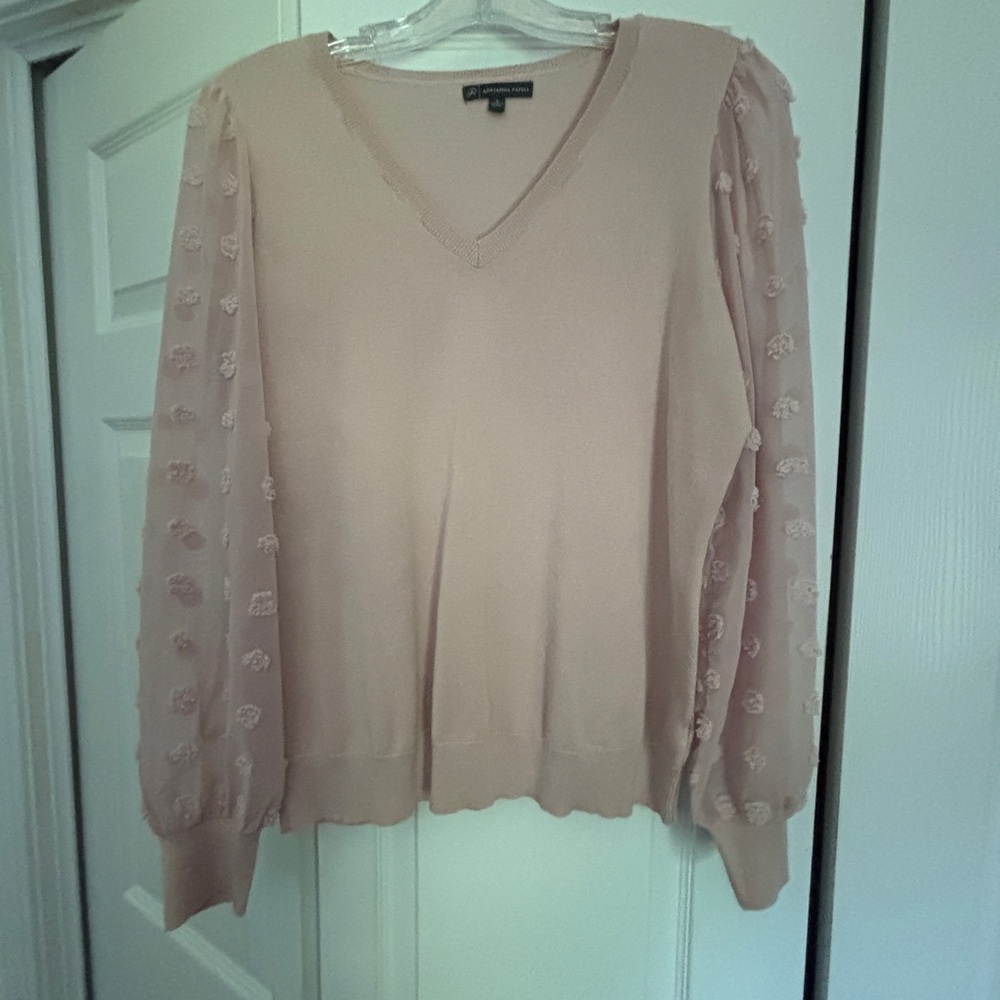 Adrianna Papell Blush V-Neck Sweater with Textured Sleeves